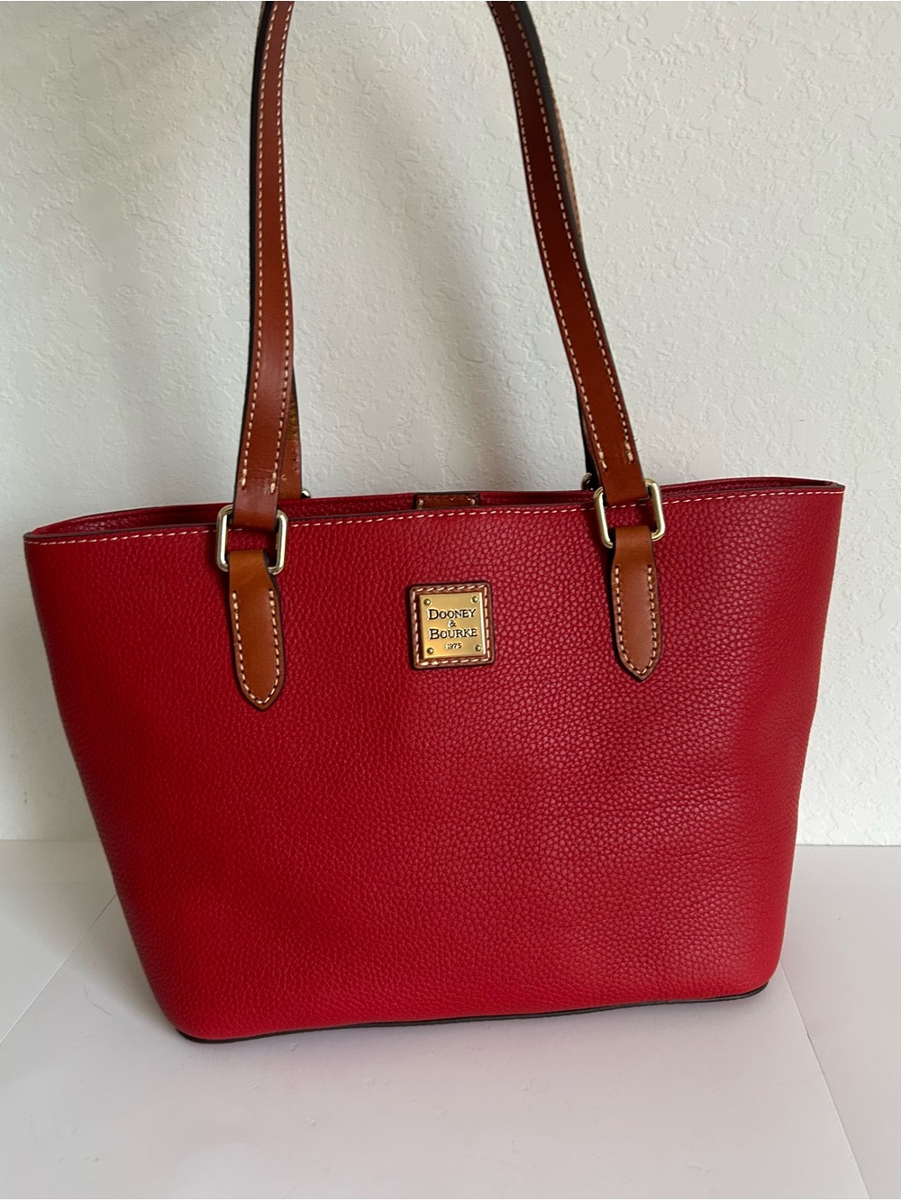 Dooney & Bourke Red Pebble Leather Tote with Tan Straps
